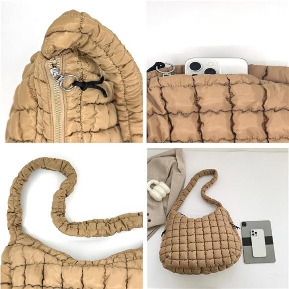 Quilted Puffer Tote Shoulder Bag for Women - Lightweight Nylon - Picture 5 of 7
